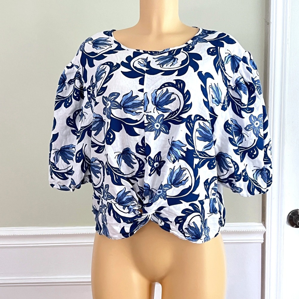 Marc New York Jeans Twist Front Puff Sleeve Top Womens Large Blue White Floral